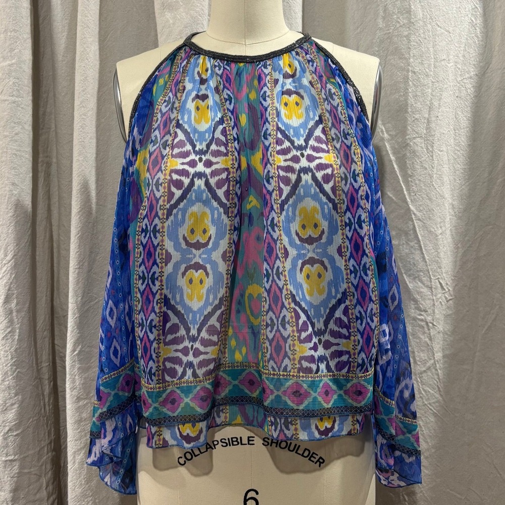 Zara Womens Blue Ikat Print Beaded‎ Halter Neck Sleeveless Sheery Top Size M